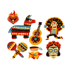 Colorful Mexican Fiesta and Day of the Dead Celebration Icons Set