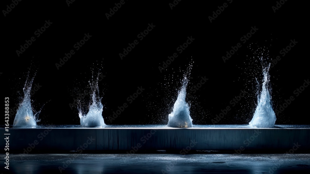 Poster highspeed closeup of water droplets splashing against sleek black surface with white and blue tones 