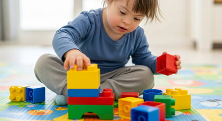 Girl with down syndrome building with colorful plastic blocks on a play mat. Child enjoying early learning activity.