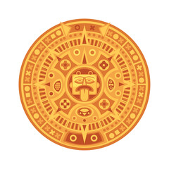 Vector illustration of a golden Aztec sun stone cultural symbol