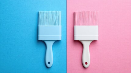 Two paintbrushes, one light blue, one light pink, resting on contrasting backgrounds.