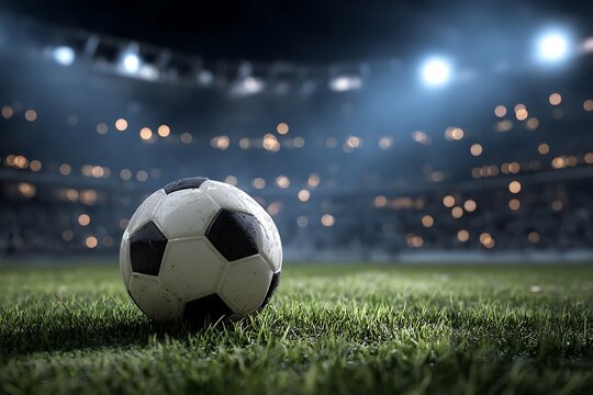 Classic soccer ball on green grass in lit stadium