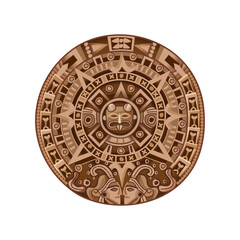 Ancient Mesoamerican calendar stone with mystical symbols