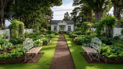 A beautifully lit farmhouse garden with formal design, vintage wrought iron benches, and symmetrical plants creating a serene, timeless scene.