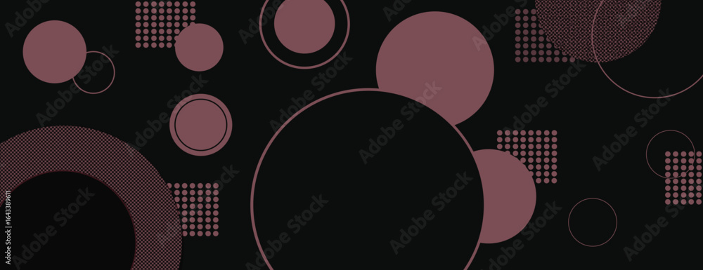 Poster geometric background with circles and dots. dark background with maroon circles. modern, abstract ba