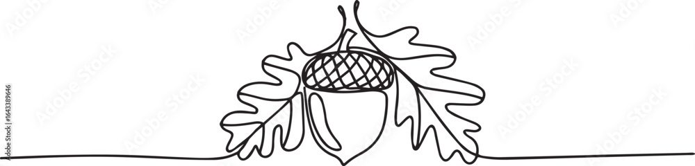 Poster continuous one line art of a falling acorn with swirling leaves, minimalist single line drawing in b
