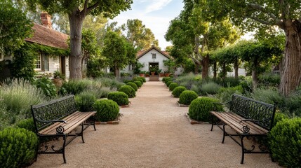 Elegant formal garden featuring vintage wrought iron benches, evenly arranged greenery, and the warmth of natural sunlight highlighting its farmhouse charm.