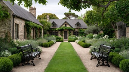 A charming formal garden with symmetrical plantings and vintage wrought iron benches, bathed in beautiful natural light, evoking timeless farmhouse elegance.