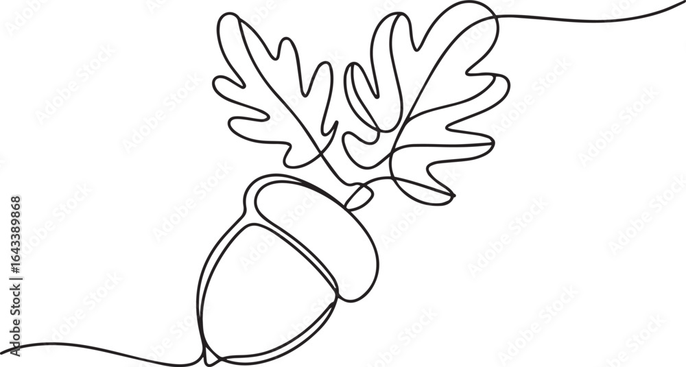 Poster continuous one line art of a falling acorn with swirling leaves, minimalist single line drawing in b