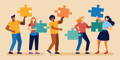  Colleagues holding puzzle pieces that fit together, flat vector corporate teamwork and problem-solving concept illustration