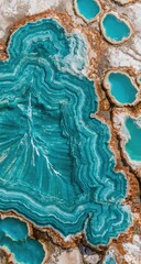 Teal-toned, swirling stone, intricate patterns