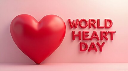 A red heart and the words world heart day in red against a pink background for a health awareness day