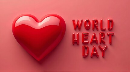 Shiny red heart and the words world heart day in red letters on a pink background image render