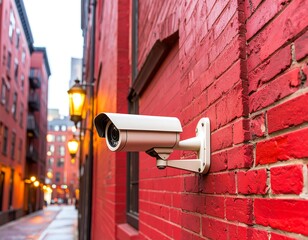 Security camera mounted on a red brick wall in a narrow city alleyway