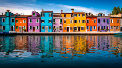  A narrow canal with moored boats, colorful houses reflecting on the water, and pedestrians walking along the waterfront under a clear sky