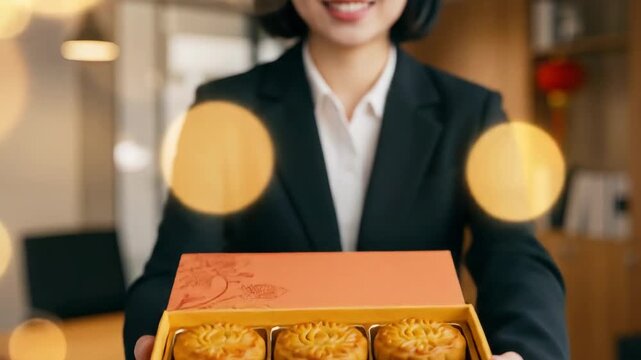 Businesswoman Giving Mooncake Box as Gift. Professional Woman in Office with Festival Present. September 18 Mid Autumn Festival