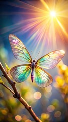Delicate iridescent wings spread wide on a sunny branch