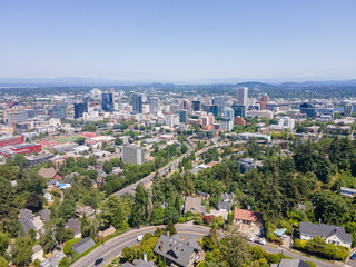 Fototapeta premium Aerial landscape of Washington Park forest Portland nature sunny summer day in PNW Oregon