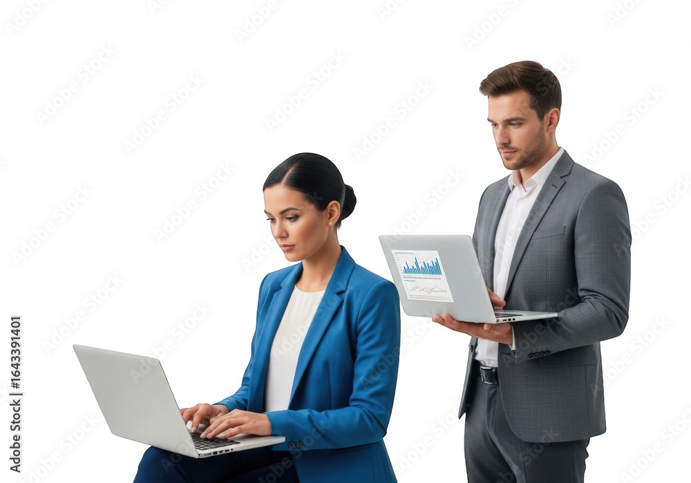 Poster business professionals analyzing data on laptops with transparent background a man and woman in suit