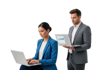 Business Professionals Analyzing Data on Laptops with Transparent Background A Man and Woman in Suits Reviewing Charts and Graphs on Their Computers