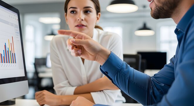 Business colleagues collaborate, reviewing data displayed on a computer screen.  A man points to a chart, guiding a woman's attention.