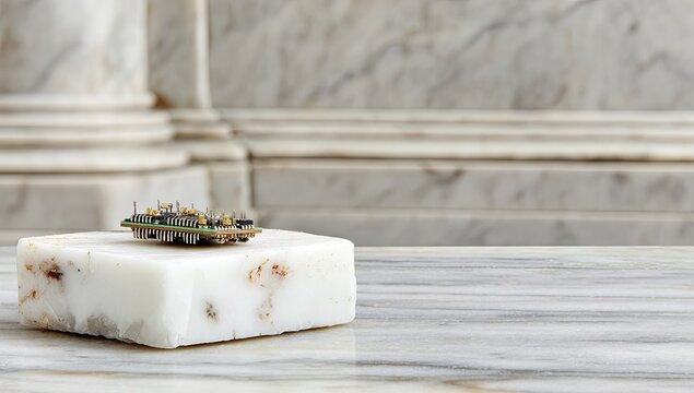 Small circuit board on a bar of white soap, marble background
