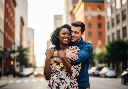 A happy, smiling interracial couple embraces in the middle of a city street on a sunny day, romance, love, relationships, diversity.