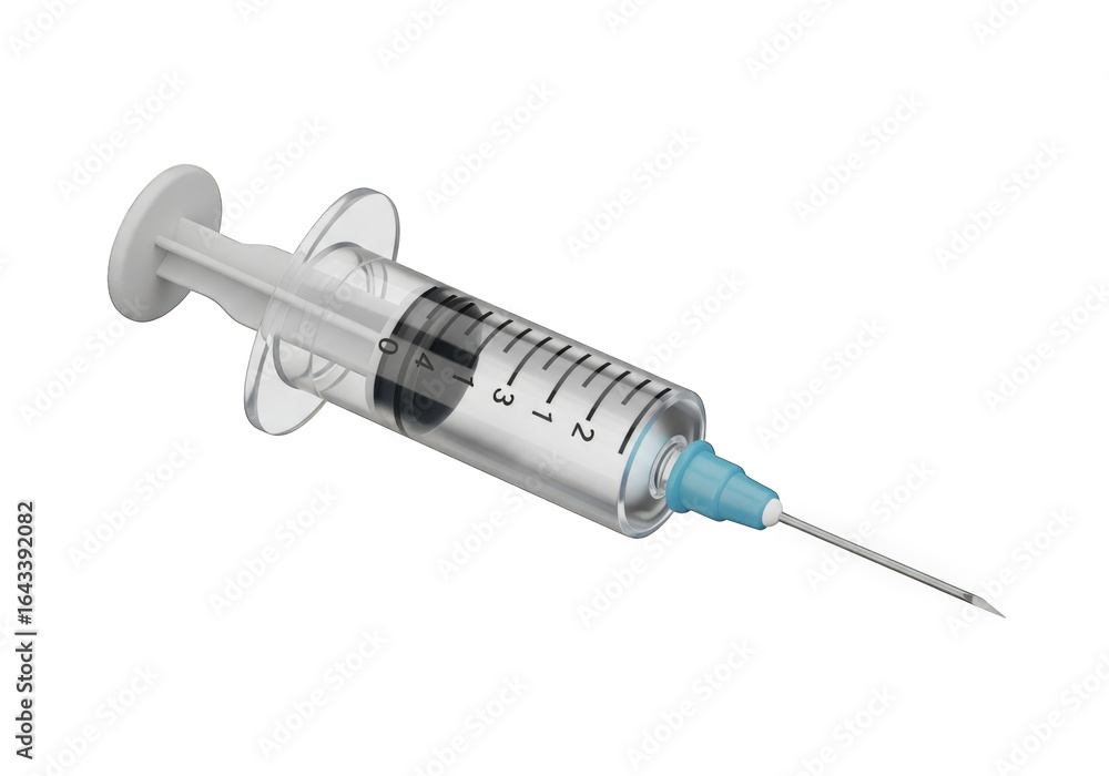 Poster a precise 3d model of a syringe with visible measurements on a transparent canvas, ideal for medical