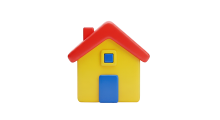 A Charming 3D Render of a Simple Yellow House with a Red Roof and Blue Door on a Transparent Background, Perfect for Illustrative and Design Purposes with Clean Lines