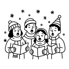 Christmas Carolers Singing in Winter Scene Line Art