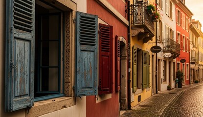 Fototapeta premium Detailed view of an old European cobblestone street with colorful historic facades, focus on aged wooden window shutters, background softly blurred.