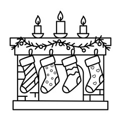 Christmas Stockings Hanging on Fireplace Mantel Line Art