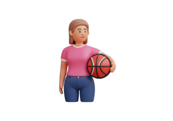 A Playful 3D Cartoon Woman Holding a Basketball, Set Against a Transparent Scene, Perfect for Sports, Fitness, and Character Design Visuals