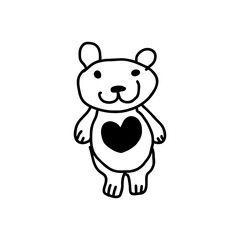 Hand drawn newborn baby’s first teddy bear with heart doodle in black outline on transparent background – cute plush toy icon for baby showers, nurseries, and children’s designs