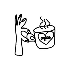 Hand drawn coffee cup with heart doodle in black outline on transparent background – cozy drink vector for cafe menus, morning routine illustrations, and coffee lover designs