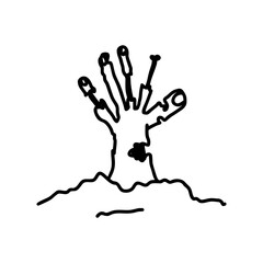Scary zombie hand rising from grave in creepy doodle black vector style for Halloween party invitation, horror decoration and spooky design on transparent background
