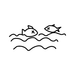 Environmental pollution illustration with dead fish floating in water in black doodle vector style for ecology awareness and conservation design on transparent background