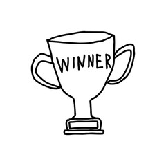 Winner trophy cup with engraved text in bold doodle black vector style for sports victory, competition prize and achievement celebration design on transparent background
