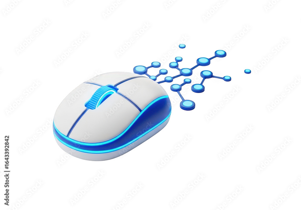 Poster futuristic 3d computer mouse with blue accents and data stream effect on transparent backdrop, repre
