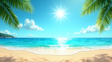 Obraz premium A sunny beach scene with palm trees, blue sky, and turquoise water creating a tranquil paradise view