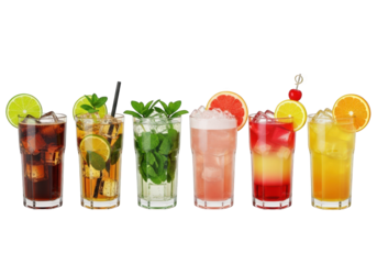 Refreshing Summer Cocktails Assortment with Citrus Fruits and Herbs on Transparent Background for Beverage Advertising and Tropical Vacation Concepts