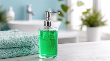Glass dispenser bottle of green liquid soap on a white countertop.