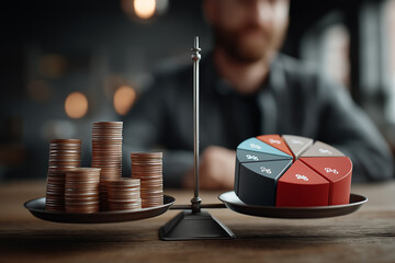 conceptual image of a weighing scale with stacks of coins on one side and colorful pie chart on the other, dramatic lighting, cinematic