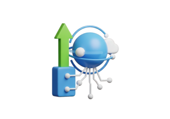 3D Graphic of a Green Arrow Ascending from a Blue Block Towards a Globe with Cloud Accents Representing Global Growth, Technology, and Cloud Computing Solutions