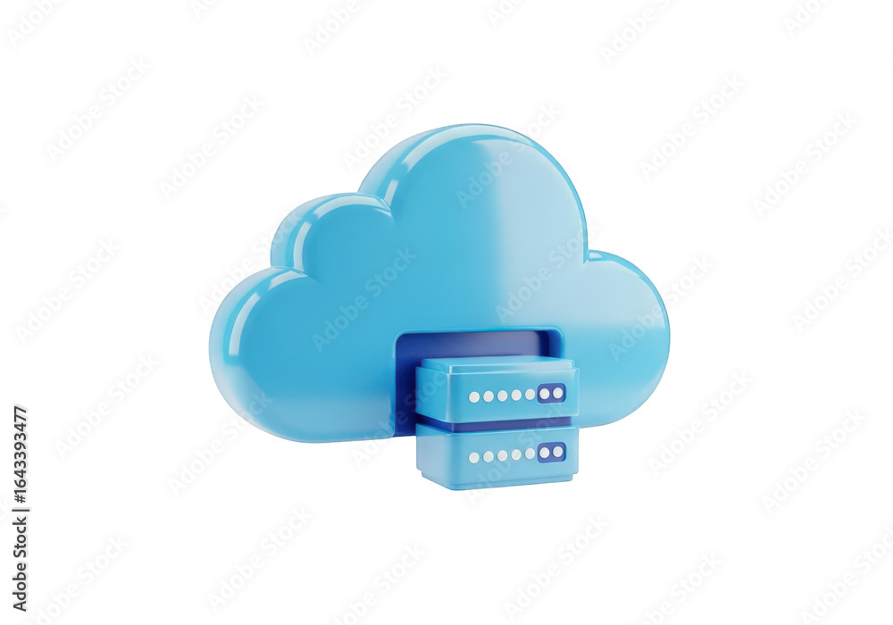 Poster a visually appealing 3d cloud server icon with data storage, rendered on a transparent background fo