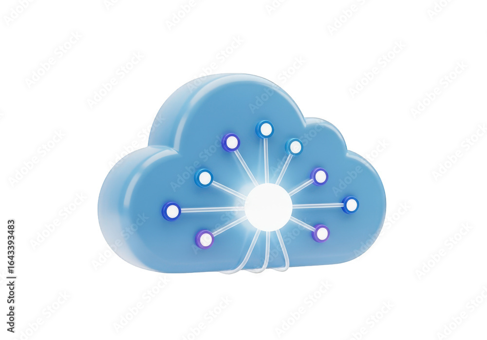 Poster a stunning 3d rendering of a cloud computing icon with glowing network connections, isolated on a tr