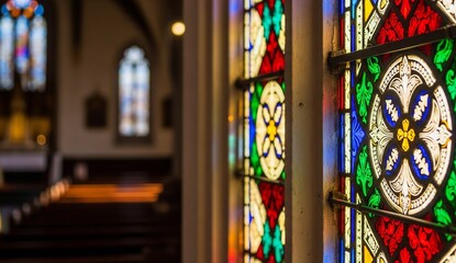 Stained glass window with vivid colors, sunlight streaming through, blurred church interior.