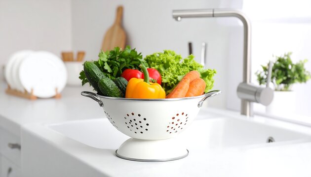 Fresh vegetables in colander sitting on a clean kitchen counter sink - Powered by Adobe