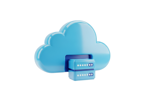 A Visually Appealing 3D Cloud Server Icon with Data Storage, Rendered on a Transparent Background for Seamless Integration into Tech and Design Projects
