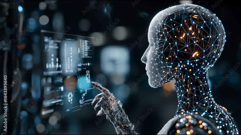 Aufkleber humanoid robot analyzing data on a transparent digital display in a technological environment